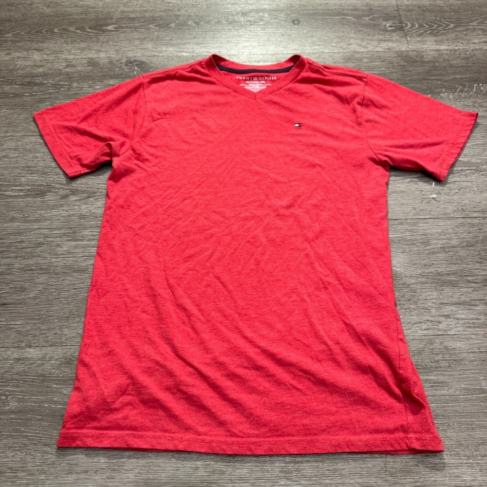 Tommy Hilfiger Shirt Youth XL Red V Neck Stretch Casual Minimal Logo Adult